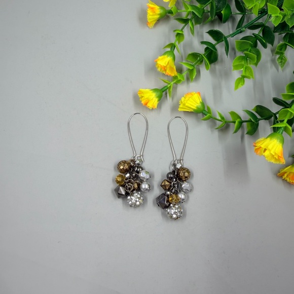 Cluster Drop Vintage Y2K Earrings with Gold and Silver Beads - Picture 4 of 6